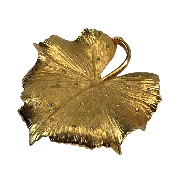 PENNINO Golden Sterling Silver Rhinestones Art DecoLeaf...
